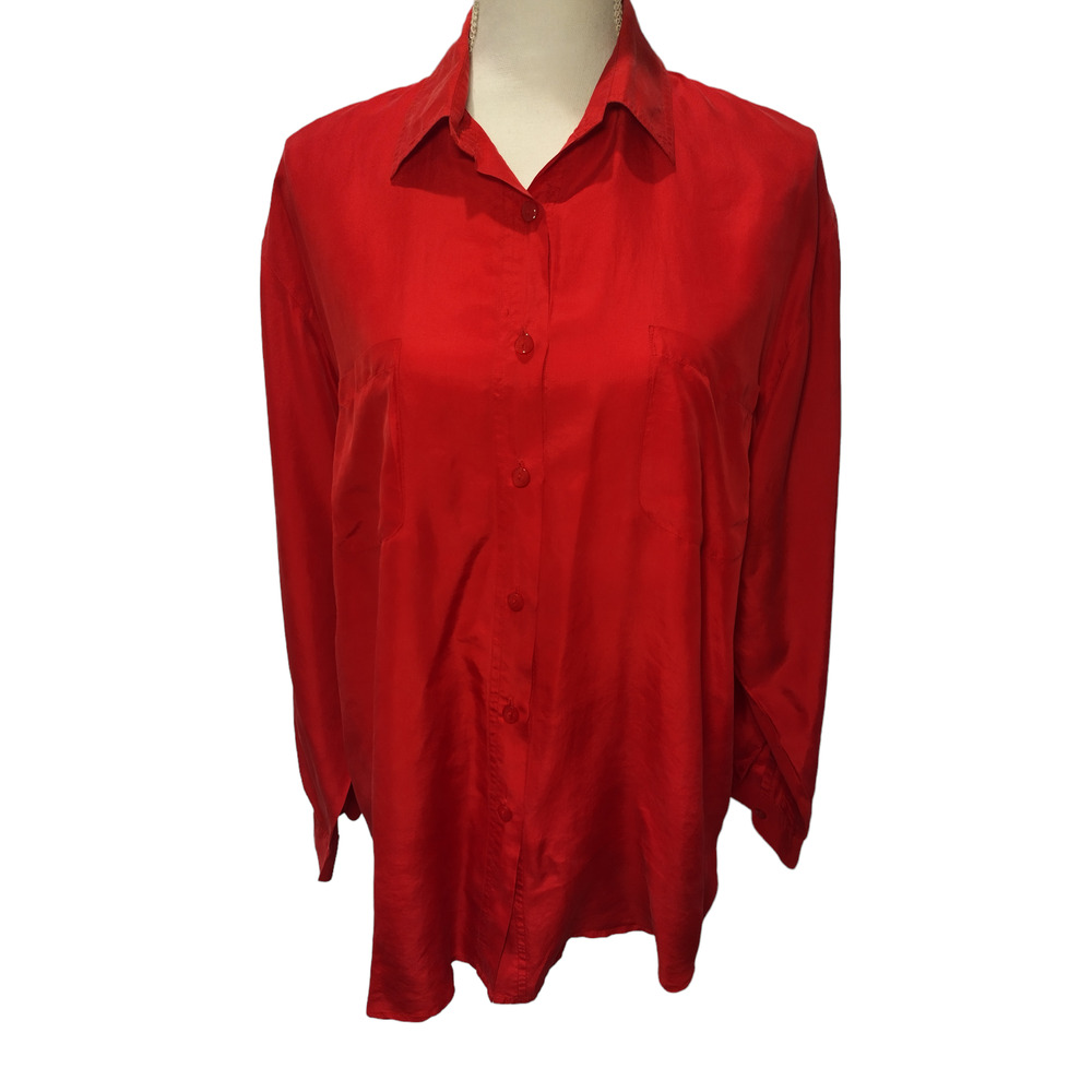 Pura Seta Womens Button Down Shirt 100% Silk Long Sleeve Collared Red Medium